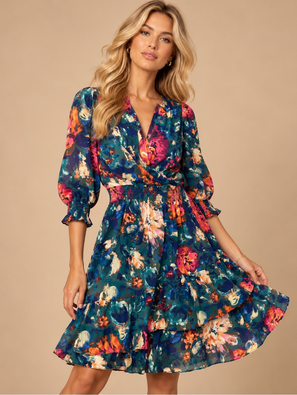 Maison Tara Floral Smocked Waist Tiered Ruffle Dress Size 12
